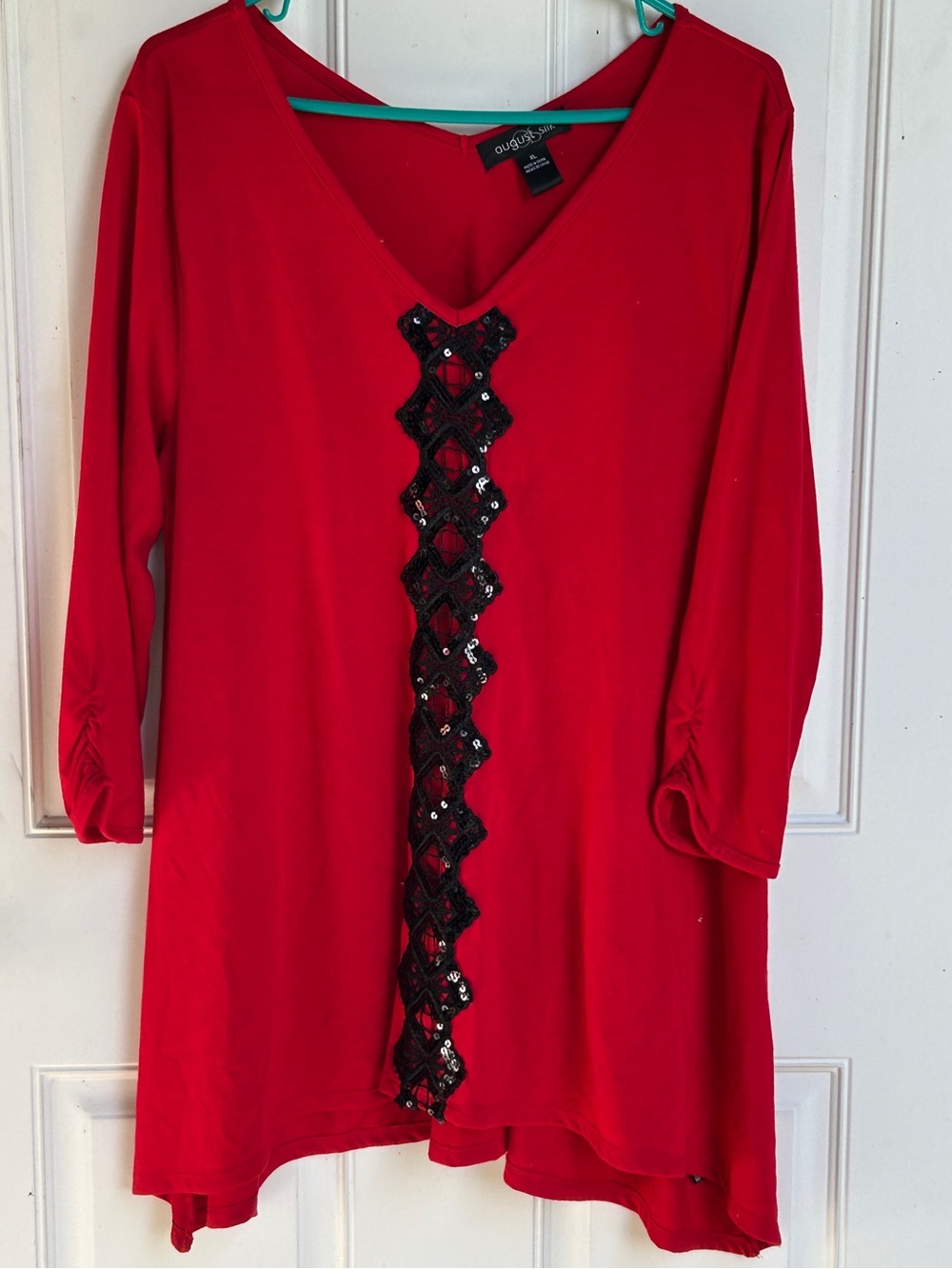 august silk Red V-Neck Tunic with Black Sequin Trim